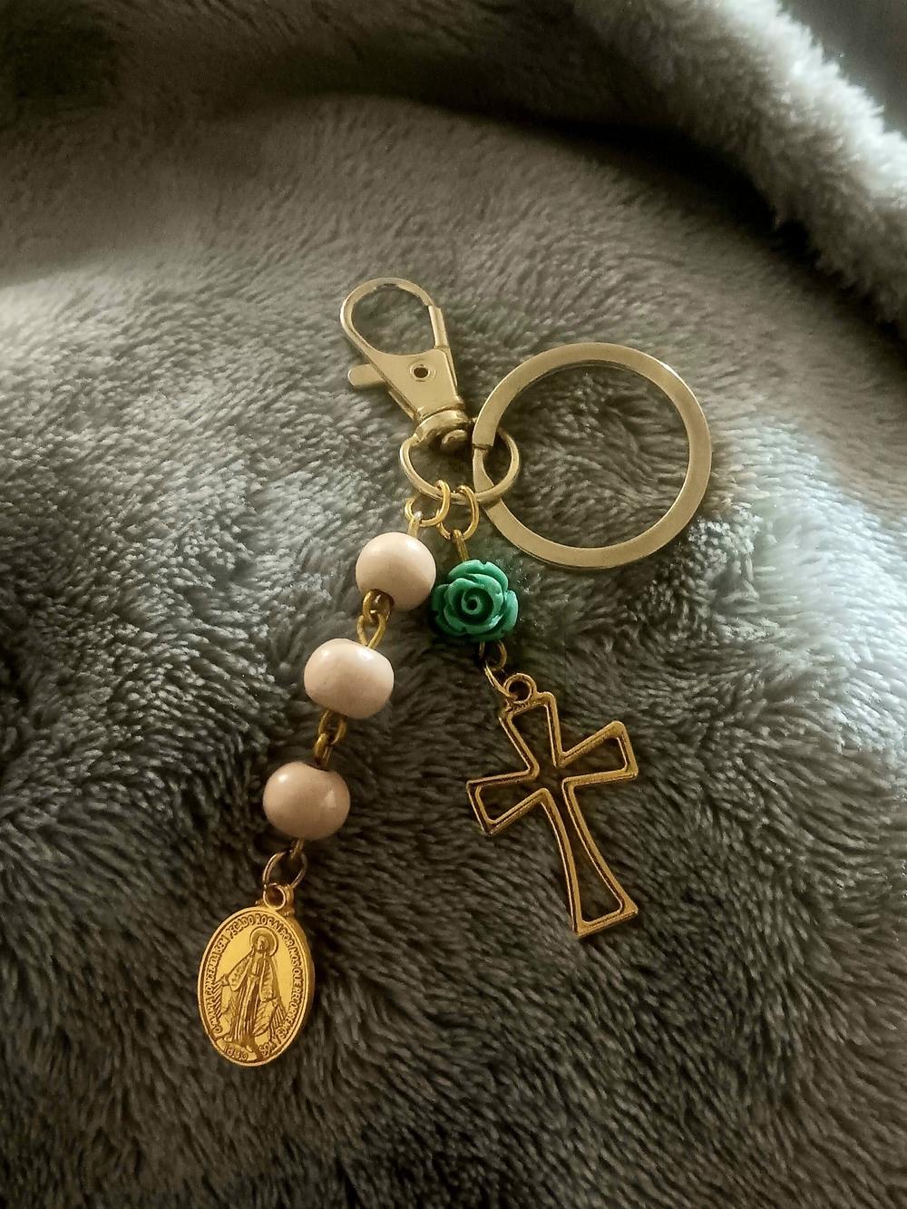 Gold Cross and Bead Keychain with Green Rose Accent